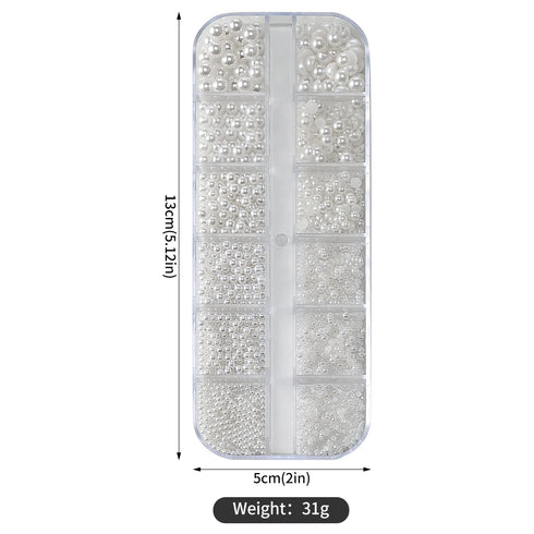 Elegant Round White Pearl Nail Beads and Charms Set for Stunning Nail Art Decoration - 12 Grids of Caviar Beads and Half Round Gems for Fall Season Nails and DIY Nail Designs